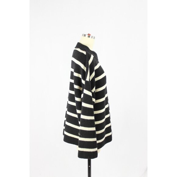 H&M Black Ivory Striped Cotton Chunky Rib Knit Crew Neck Loose Sweater, Size S - Picture 5 of 14